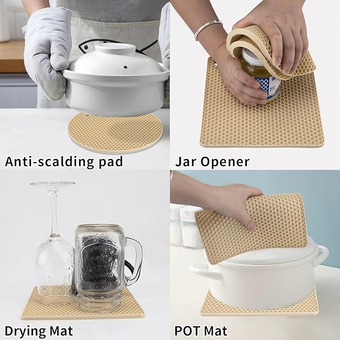 4 Pack Silicone Trivets for Hot Pots and Pans, Pot Holders Hot Pads, Non-Slip & Heat Resistant Silicone Mats for Kitchen Counter, Soft Durable Drying Mat, Jar Opener and Coasters (Beige)