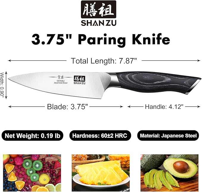 SHAN ZU 3.75 Inch Paring Knife, Japanese Super Steel Professional Fruit Knife, Ultra Sharp Carving Knife with K133 Ergonomic Handle, Black Tortoise Genbu Series