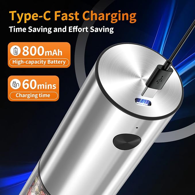 2Pack Electric Salt and Pepper Grinder Set USB Rechargeable with Warm LED Light, Adjustable Coarseness Lidaop Large Capacity Automatic Salt Pepper Mill Grinder for Kitchen, Sliver Set