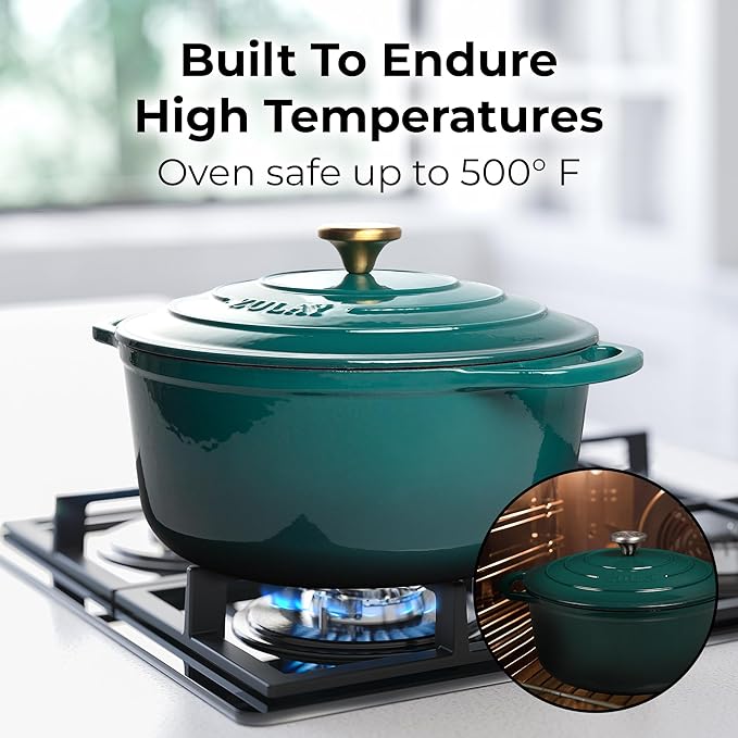 Zulay Kitchen 5 Quart Enameled Cast Iron Dutch Oven with Lid,Silicone Trivet & Heat Pad – Premium Durability & Oven Safe up to 500°F – Heavy Duty Cookware Perfect for Bread Baking, Stews, Braising & Roasting – Emerald