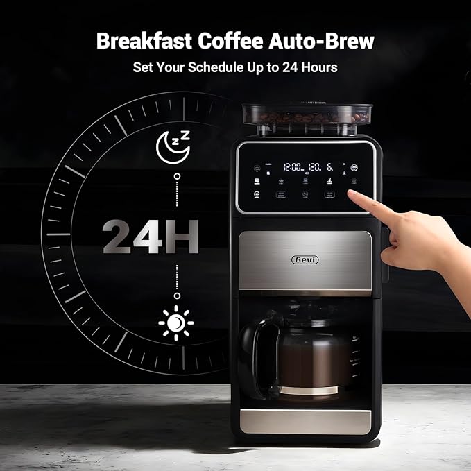 Gevi 10 Cup Drip Coffee Maker with Built-in Grinder, Grind & Brew Burr Combo Coffee Machine with Touch Screen, Programmable, 4-Hour Warm Plate, Permanent Filter, Coffee Carafe