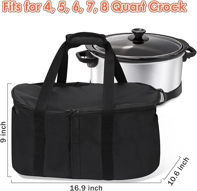 Portable Slow Cooker Travel Bag, Insulated Carrier Case for Most 4, 5, 6, 7, 8 Quart Crock, Internal Mesh Net Holds Pot in Place, Slow Cooker Carrier
