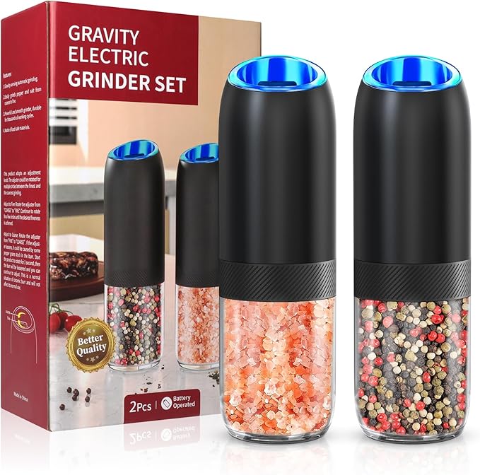 Gravity Electric Pepper and Salt Grinder,BoAn Automatic Battery Salt and Pepper Grinder Set,One-Hand Ceramic Larger Chamber Spice Mill,Adjustable Coarseness with LED Light for Kitchen New Home Gifts
