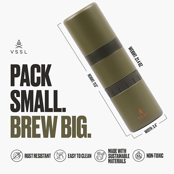 Nest Pour Over Coffee Kit | Coffee Maker for Camping | All-In-One Travel Pour Over | Transportable Dripper, Two 10oz Stainless Steel Travel Mugs | Compact Storage & Adventure Ready | Deep Moss