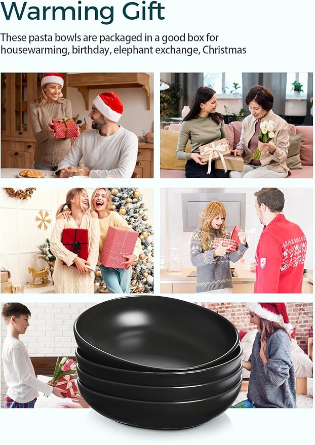 Teocera Pasta and Salad Bowls Set - Large 50 Ounce Porcelain Matte Black Square Bowls, Set of 4 - Microwave and Dishwasher Safe