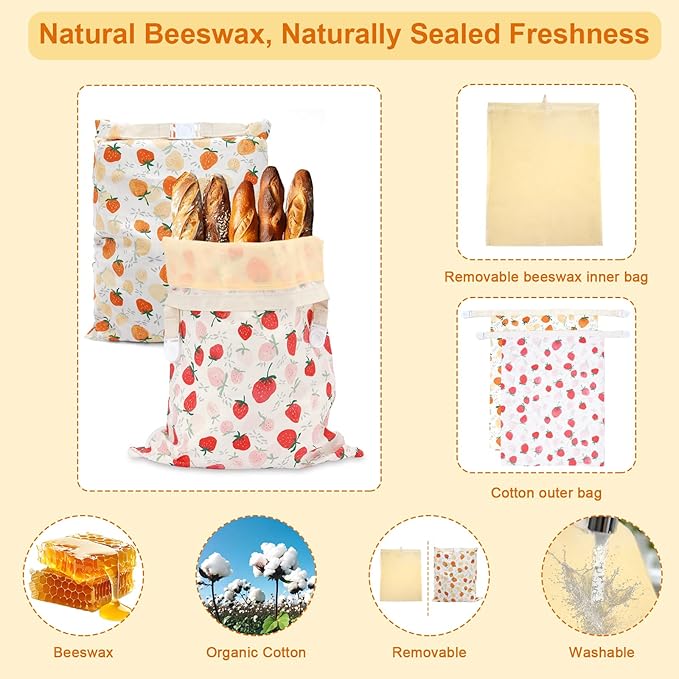 Beeswax Bread Bags for Sourdough, Large Reusable Beeswax Bags for Homemade Breads, 2 Pack Sourdough Bread Baking Supplies Bees Wax Bag for Food Storage Keep Fresh