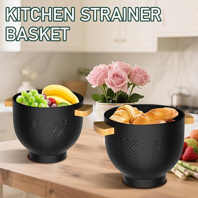 Metal Colander with Bamboo Wood Handle, 6 QT Large Strainer with Self-Draining Base, Kitchen Strainer Bowl for Pasta Spaghetti Vegetables Fruit Berry, Essential Kitchen Appliance and Gadget (Black)