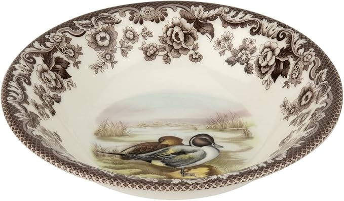 Spode Woodland Pintail Cereal Bowl - Fine Earthenware, 8 Inch Wildlife-Inspired Dish with British Flowers Border, Dishwasher, Microwave, Freezer & Oven Safe - Traditional English Country Serveware