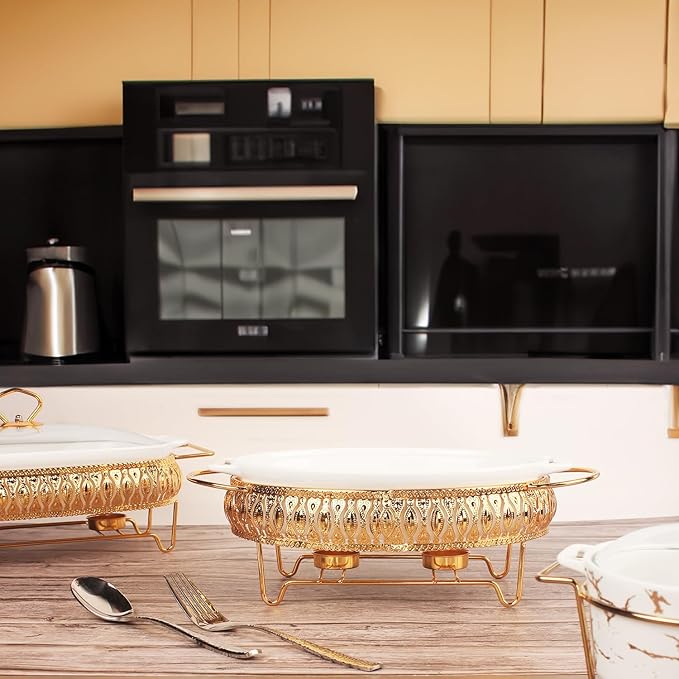 10" x 7" Ceramic Rectangular Casserole Dish with Glass Lid and Gold rack, 1.3 Quart White Serving Soup Tureen,Chafing Dish for Buffet, Family Food Tray, Catering Casserole for Party Style