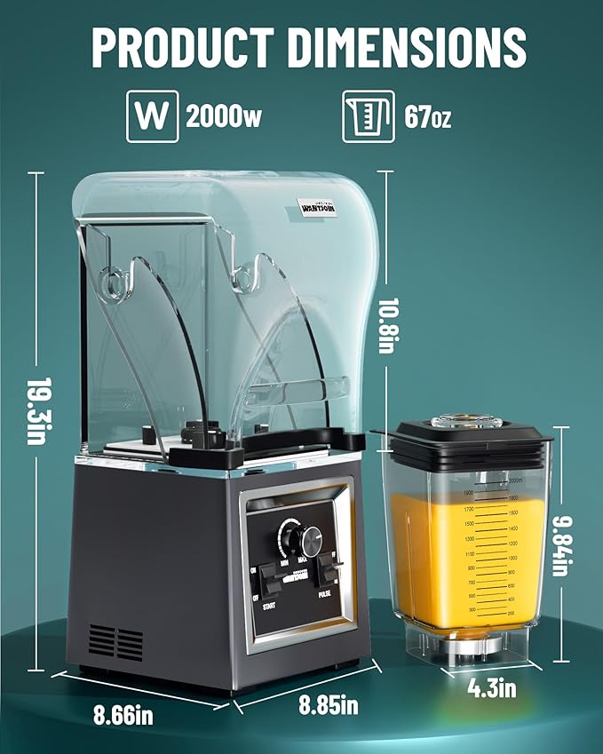 Wantjoin Blender for Smoothies - Soundproof & Quiet Commercial Blenders, Removable Shield, 2000W Watte, 67 Oz Capacity - Perfect for Kitchen, Fruits, Shakes, Smoothies, and Frozen Drinks(Gray)