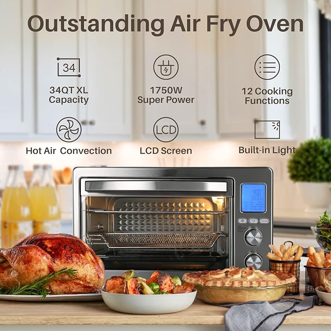 LNC Air Fryer Oven, 34QT Extra Large 1750W Toaster Air Fryer Combo, 12” Pizza Convection Oven Countertop, 12-in-1 with 4 Accessories, Stainless Steel, Silver