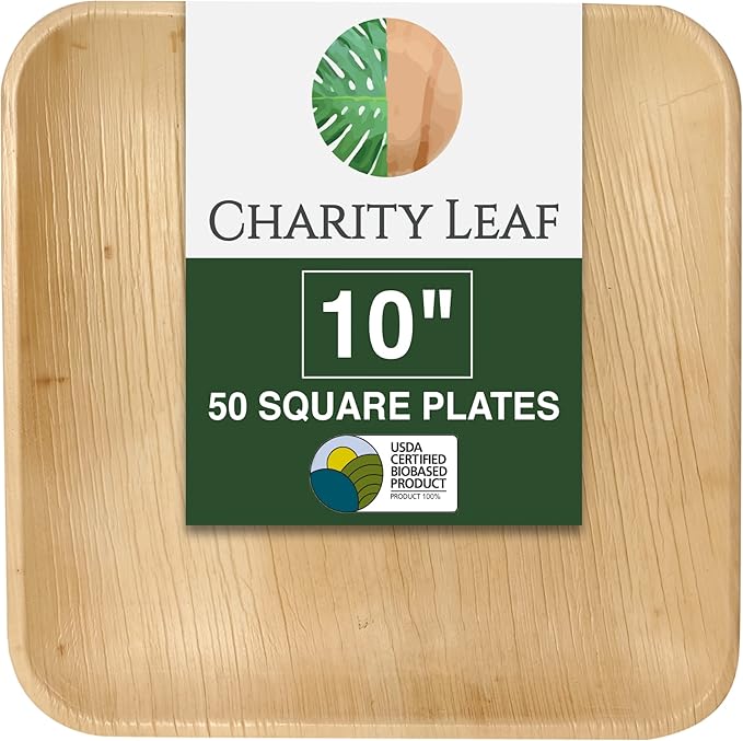 Compostable 10" Square Palm Leaf Dinner Plates (50-pack) | Premium, 100% Natural, Disposable, Heavy Duty | Perfect for Parties, Weddings & Catering Events