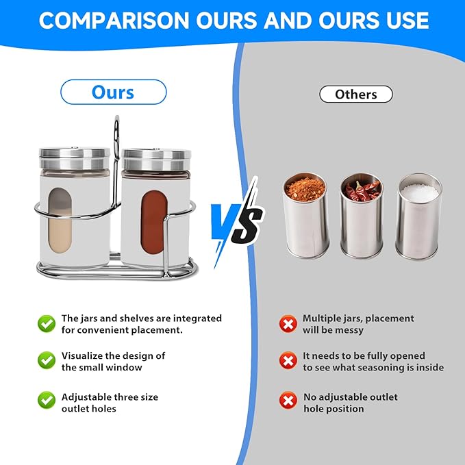 Glass Salt and Pepper Shaker Set with Seasoning Rack, Spice Rack, Adjustable Pour Hole Stainless Steel Lid, 2.8 oz, Spice Dispenser for Salt, Pepper, Spice Preservation (white)