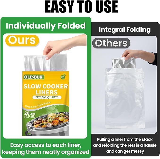 20 Count Slow Cooker Liners, 13"x21", Fits 3-8 Quarts, Disposable Pot Liners Compatible with Crockpot, Oval Large Size, BPA-Free Cooking Bags, Kitchen Accessories, Cook with Ease