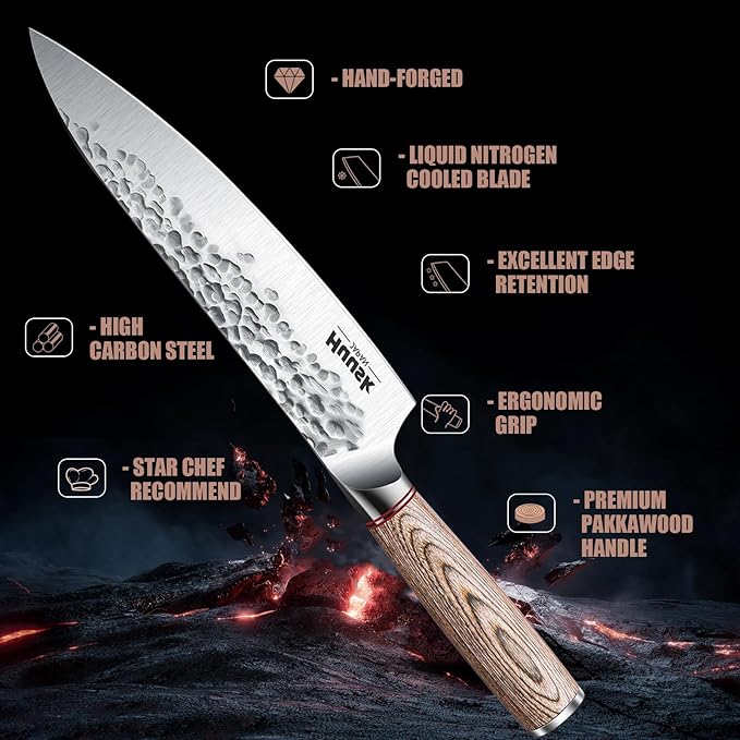 Huusk Chef Knife 8-inch,Professional Hand Forged High Carbon Steel Japanese Gyutou Chef Knives,Kitchen Cooking Knife for Meat Vegetables Cutting,Chef Gift for Men Women