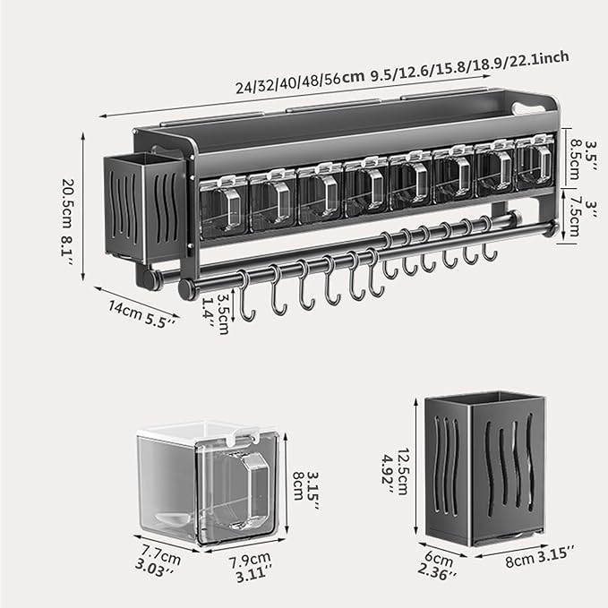 Hanging Wall Mount knife Wall Mount,Condiment Cup, Space-Saving Knife Rack with Hooks, Kitchen Organizer Storage Shelf for Utensils Spatula Spoon, Kitchen Utensil Hanger (Grey, 40cm+5Cups+8Hooks)