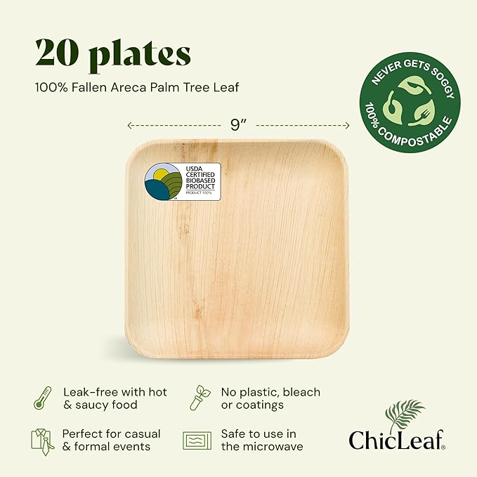 Chic Leaf Palm Leaf Disposable Bamboo Plates - Party Plates for Weddings & Event Appetizers - Biodegradable & Compostable - Party Supplies (9", 20 Pack)