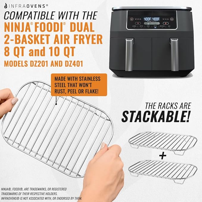 INFRAOVENS Accessories for Ninja Dual 2 Basket Air Fryer 10 QT DZ401 & 8 QT DZ201, Racks for Foodi Dual Zone, Reusable Liner Sheets for Double Airfryer, 9pcs Kitchen Accessory Set with Recipe Book