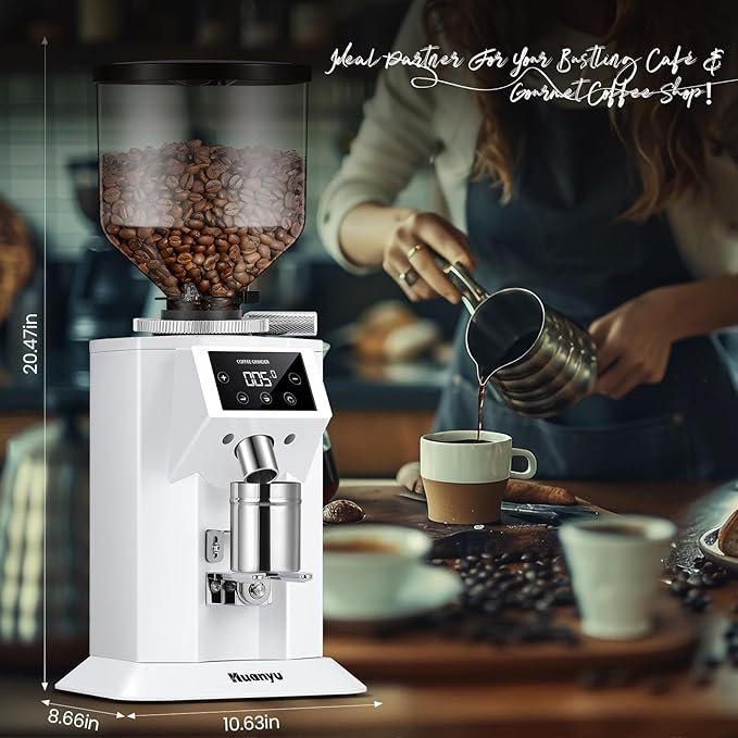 Huanyu Professional Coffee Grinder with 74mm Flat Burr 53ounce Bean Hopper 15 Infinite Grinding Settings Electric Coffee Grinder with Touching Screen White
