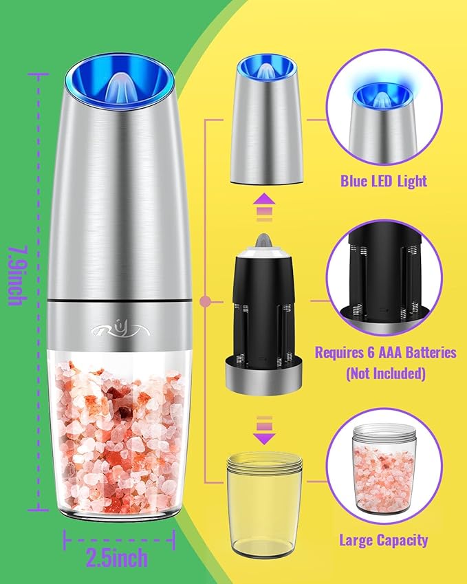 Rongyuxuan Gravity Electri Salt and Pepper Mill Set,Pepper Grinder with Ceramic Rotor,Acrylic Container,Stainless Steel Middle,Blue LED Light,Battery Powered,Adjustable Coarseness,One Hand Use,Sliver