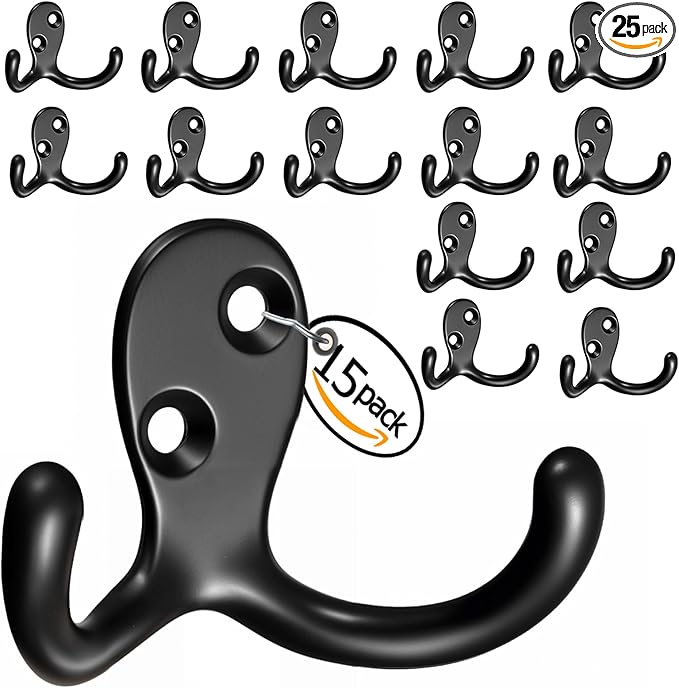 Coat Hooks Wall Hooks for hanging - 15 pack Black Double Prong Hook Wall Mounted - Great for Living Room, Bedroom, Entryway, Closet for Coat, Bag, Towel, Hat, Key, Cup, Heavy-Duty, Easy to Install