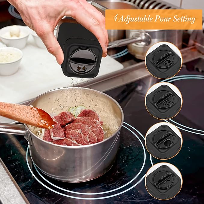 Black Salt and Pepper Shakers Set with Holder, Salt Shaker with Adjustable Pour Holes, Stainless Steel Refillable Spice Dispenser by Aelga