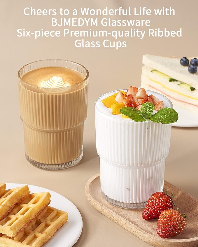 Ribbed Glassesware 14 Oz Ripple Drinking Glasses Iced Coffee Glasses Glass Cup Set Of 6 Vintage Drinking Glasses Water Glasses Fluted Glassware Cocktail Glass Cute Glass Cups