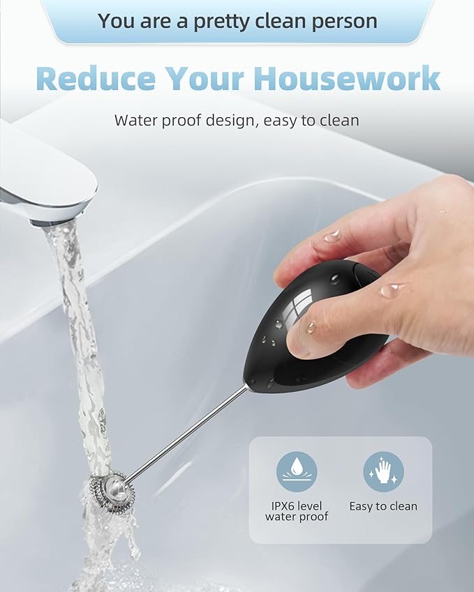 Rechargeable Milk Frother Handheld, Travel Portable Frother Wand for Coffee, USB C Electric Whisk with Stand & Case, Waterproof Hand Drink Mixer for Lattes, Cappuccino, Matcha, Egg (Black)