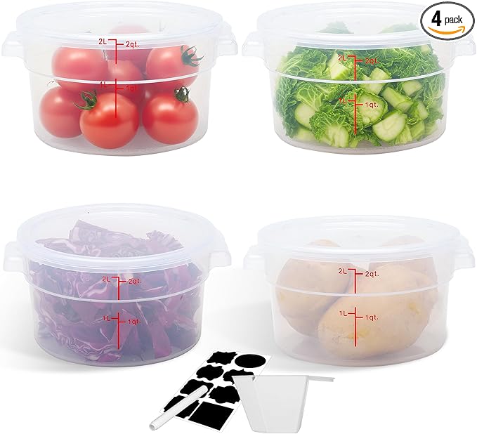 4 Pack 2QT Round Food Storage Containers with Lids, BPA-Free Polypropylene NSF Commercial Food Container, with Labels & Measuring Cup