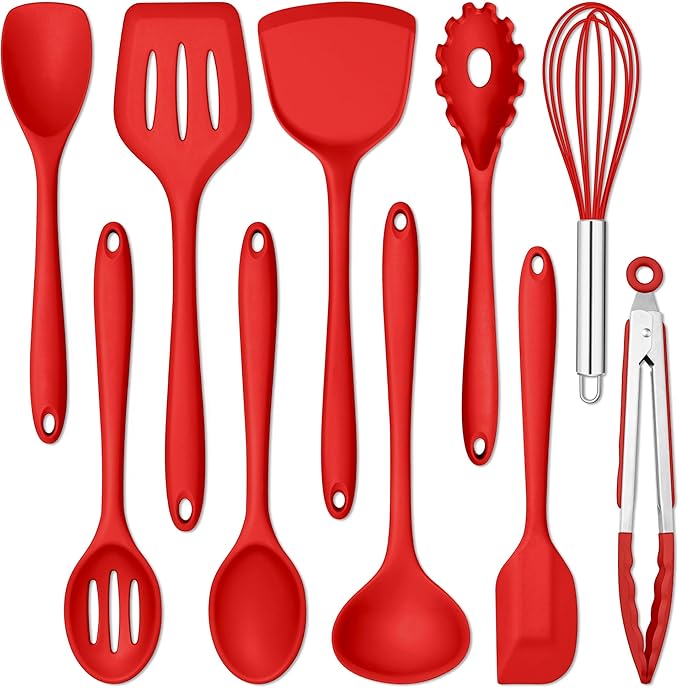 E-far 10 Pieces Silicone Cooking Utensils Set, Heat Resistant Kitchen Utensil Set for Nonstick Cookware, Kitchen Cooking Tools with Spatula, Spoon, Slotted Turner, Non-Toxic & Dishwasher Safe (Red)