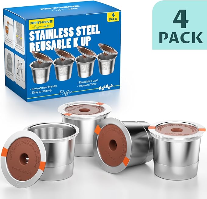 RETHONE K Cup Reusable Coffee Pods Compatible with Keurig 1.0 & 2.0 Coffee Machines, Stainless Steel Reusable K Cups Brewers Refillable K Cups (4 Pack)