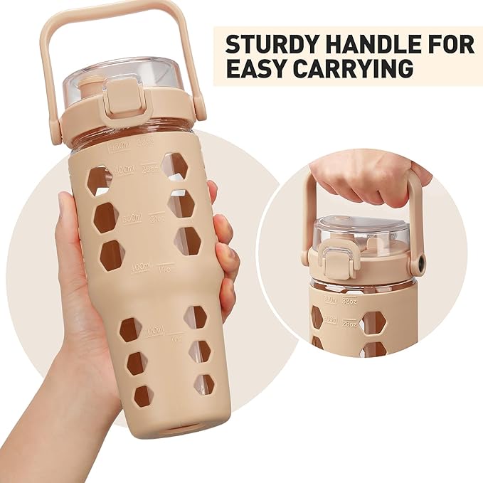 MUKOKO 32 oz Glass Tumbler with Straw,Glass Water Bottles with Time Marker,Iced Coffee Cup with Silicone Sleeve,Motivational Drinking Bottles,Leakproof-Amber