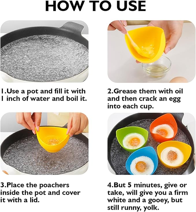 4pcs Silicone Egg Poacher Cups with BONUS Oil Brush, Nonstick Egg Poaching Cups for Air Fryer, Baking oven or Stovetop Egg Cooking, BPA Free.