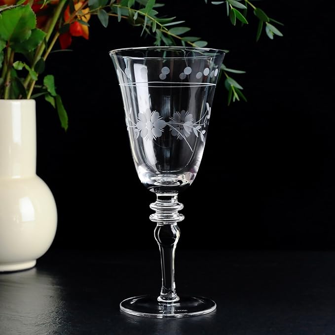 Premium Delight Wine Glasses Set of 4, 14.5 oz – Hand-Blown with Etched Long Stem, Classic Glassware for Weddings, Dinners, and Holiday Gifting (Vintage Wine Glasses)