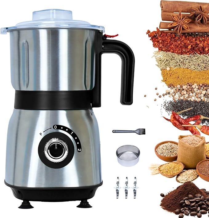 Versatile Kitchen Grinder | 500W Electric Mill | Grinds Spices, Nuts, Grains, Coffee | 3 Stainless Steel Blades | Dry Use (Black)