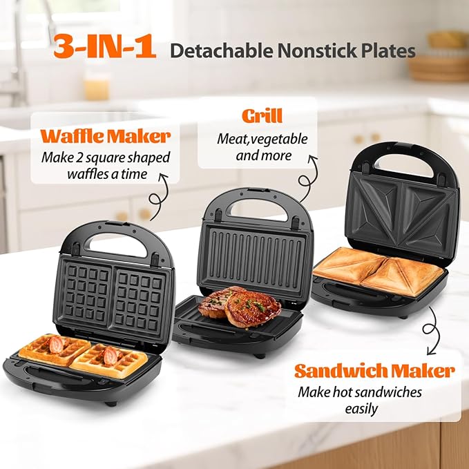 Aigostar Sandwich Maker Panini Press Grill, 3 in 1 Waffle Maker with Removable Non-stick Plates, Electric Grilled Cheese Maker, Portable Cool Touch Handle, Led Indicator Lights & Easy to Clean, 750W
