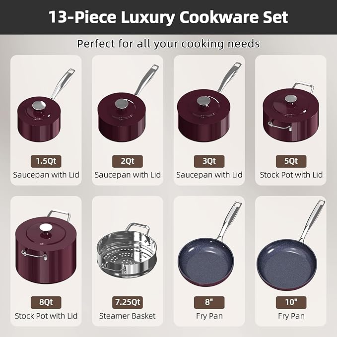 Nuwave Lux 13pc Forged Lightweight Cookware Set PFAS Free, Healthy G10 Duralon Ceramic Coating, Ultra Non-Stick, Stay-Cool Handles, Works on All Cooktops & Induction Ready