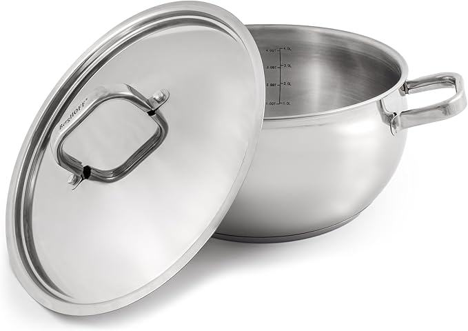 BergHOFF Belly Shape 18/10 Stainless Steel 9.5 inches Stockpot 5.5qt., Metal Lids, Fast, Evenly Heat, Induction Cooktop Ready