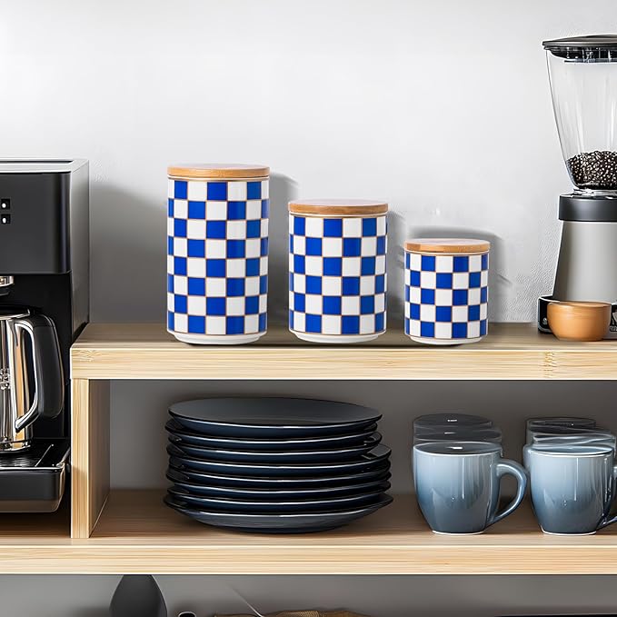 Kitchen countertop ceramic grid pattern airtight jar set - a set of 3 kitchen jars with layered shelves, sealed countertop flour and sugar containers, coffee and tea storage (Blue)