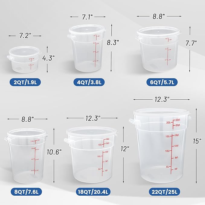 4 Pack 4QT Round Food Storage Containers with Lids, BPA-Free Polypropylene NSF Commercial Food Container, with Labels & Measuring Cup