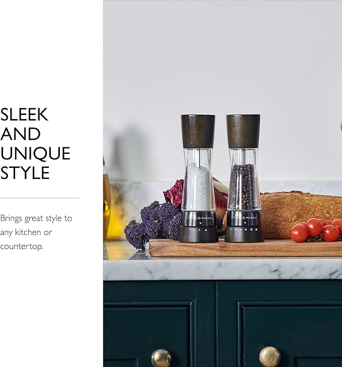 Cole & Mason H332293 Derwent Black Wood Salt and Pepper Mills, Gourmet Precision+, Adjustable Grind, Stained Beech/Acrylic, 190 mm, Gift Set, Includes 1 Salt and 1 Pepper Grinders