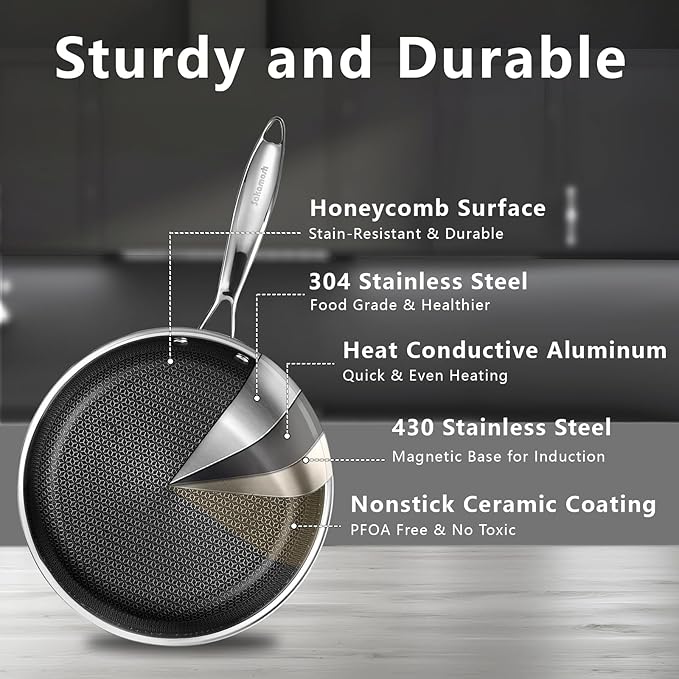 11" Non Stick Frying Pans, Stainless Steel Pan, Ceramic Skillet with Stay-Cool Handle, Non Toxic, PFAS PFOA PTFE Free, Dishwasher Safe, Induction, Compatible with All Cooktops