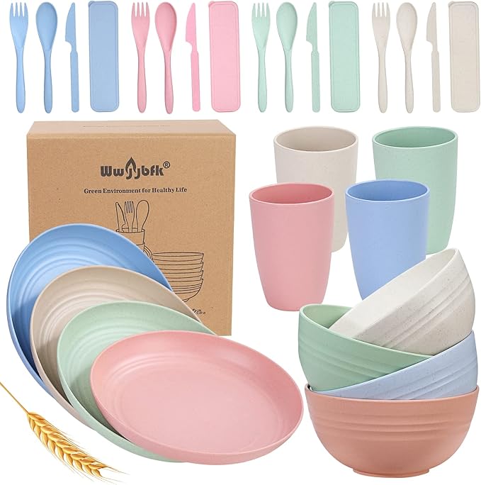 Wheat Straw Dinnerware Sets for 4, Wheat Straw Plates and Bowls Sets Kitchen Dishes 28pcs College Dorm Room Essentials Cutlery Set Microwave Safe (Colorful)