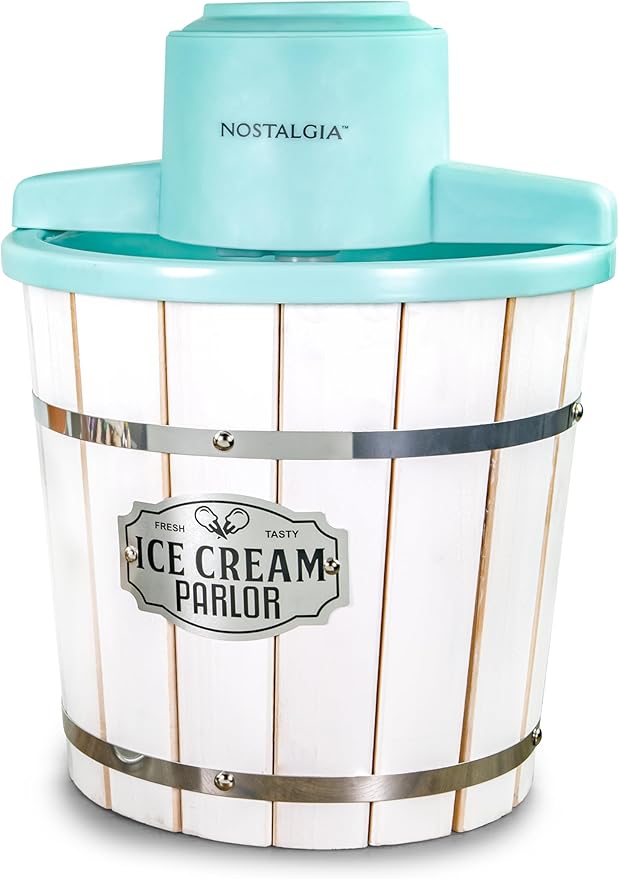 Nostalgia Electric Ice Cream Maker – Wood Bucket Parlor Style, Old Fashioned Soft Serve Ice Cream Machine Makes Frozen Yogurt or Gelato in Minutes - Fun Kitchen Appliance – White & Aqua - 4 Quart