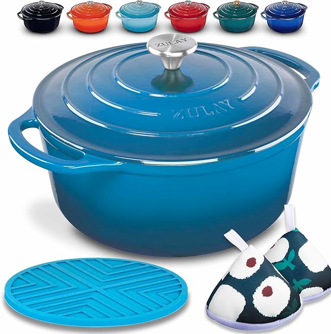 Zulay Kitchen 5 Quart Enameled Cast Iron Dutch Oven with Lid,Silicone Trivet & Heat Pad – Premium Durability & Oven Safe up to 500°F – Heavy Duty Cookware Perfect for Bread Baking, Stews, Braising & Roasting – Light Blue