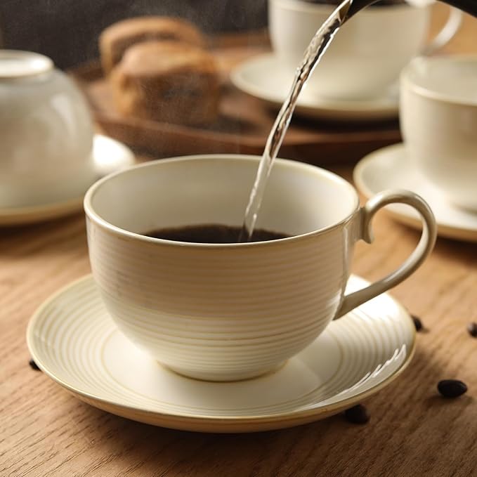 12Oz Coffee Cups with Saucers Set of 4 - Ceramic Espresso Cappuccino Cups Set, Tea Mugs and Saucer, Microwave Dishwasher Safe Drinkware for Home, Cafe