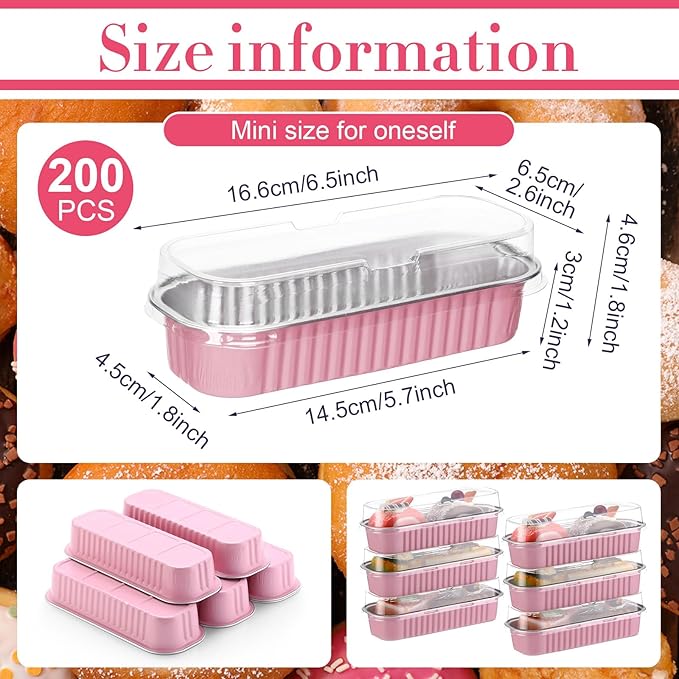 Qunclay 200 Pcs Aluminum Foil Mini Loaf Pans with Lids 6.8 oz Disposable Mini Cake Pan with Lid Rectangle Baking Cups for Fall Halloween Thanksgiving Party Muffin Cheesecake Ramekins (Pink)