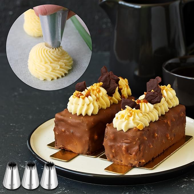 3Pcs Churro Piping Bags and Tips Set,Stainless Steel 9FT Icing Tips Set with 10Pcs Disposable Piping Bags,Open Star Pastry Tips for Cake Decorating