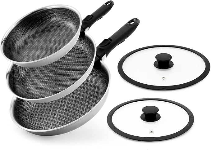 ROYDX Hybrid Nonstick 7-Piece Fry Pan Set,8, 10 and 12-Inch Frying Pans with Removable Handles,Save Space,Non Stick Stainless Steel Skillets,Dishwasher&Oven Safe, Compatible with All Cooktops
