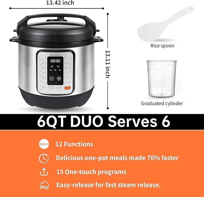 KINGBULL 12-in-1 Electric Pressure Cooker, Instant Multi-Use Non-Stick Pot, Slow Cooker, Rice Cooker, Steamer, Sauté, Yogurt Maker, Warmer &Delay Start,LED Screen& Manual(6QT)